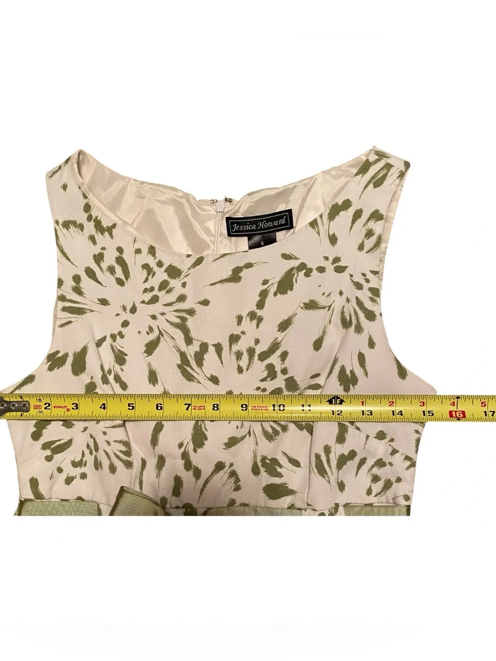 Jessica Howard Cream Dress with Olive Floral Print and Bow, Size 6 - Picture 6 of 7